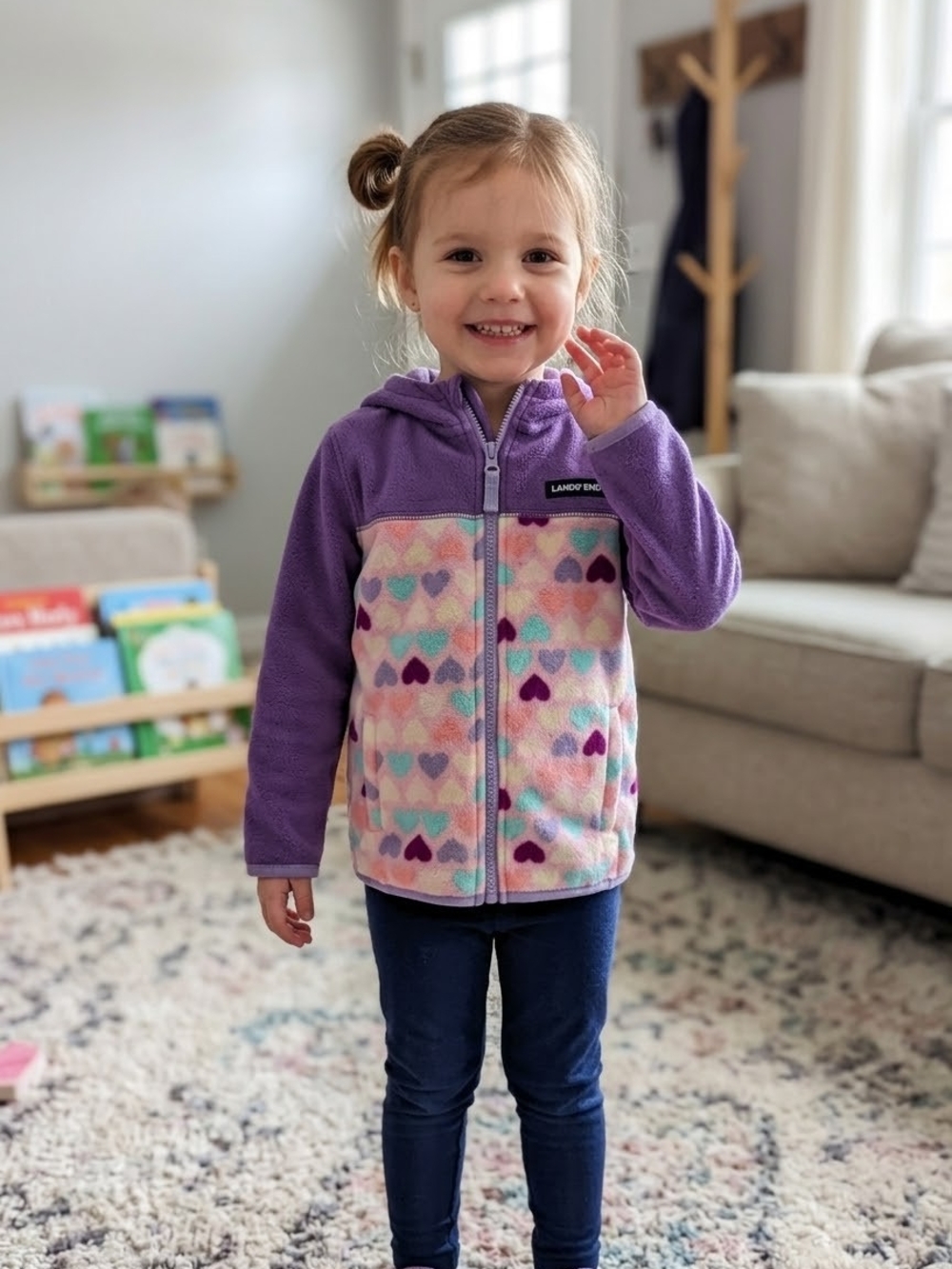 Lands' End Purple Hooded Fleece Jacket with Pastel Heart Print
